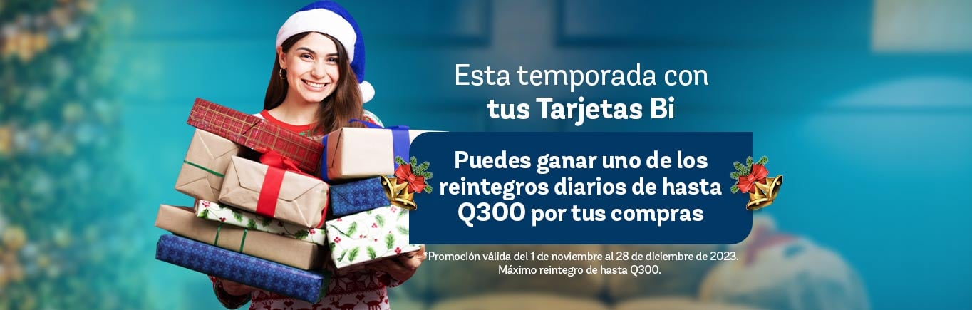 Mujer sonriendo con un gorro de navidad azul y sosteniendo regalos navideños. Acompañada de un texto promocional de Tarjetas Bi de reintegros diarios en compras navideñas.